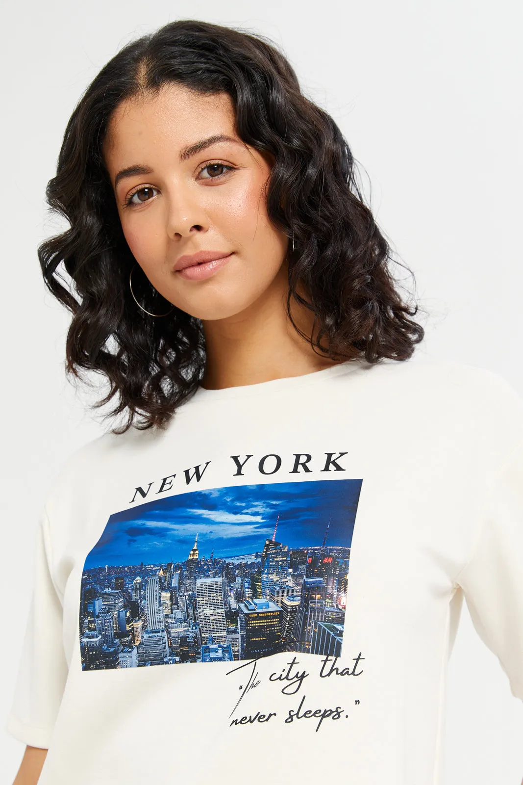 Women White New York Embellished T-Shirt