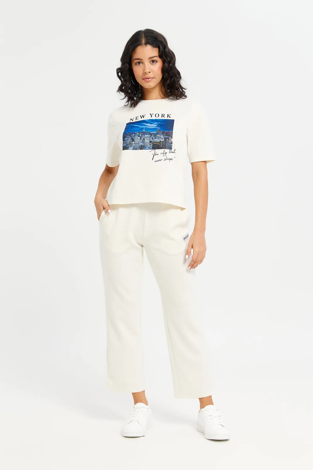 Women White New York Embellished T-Shirt