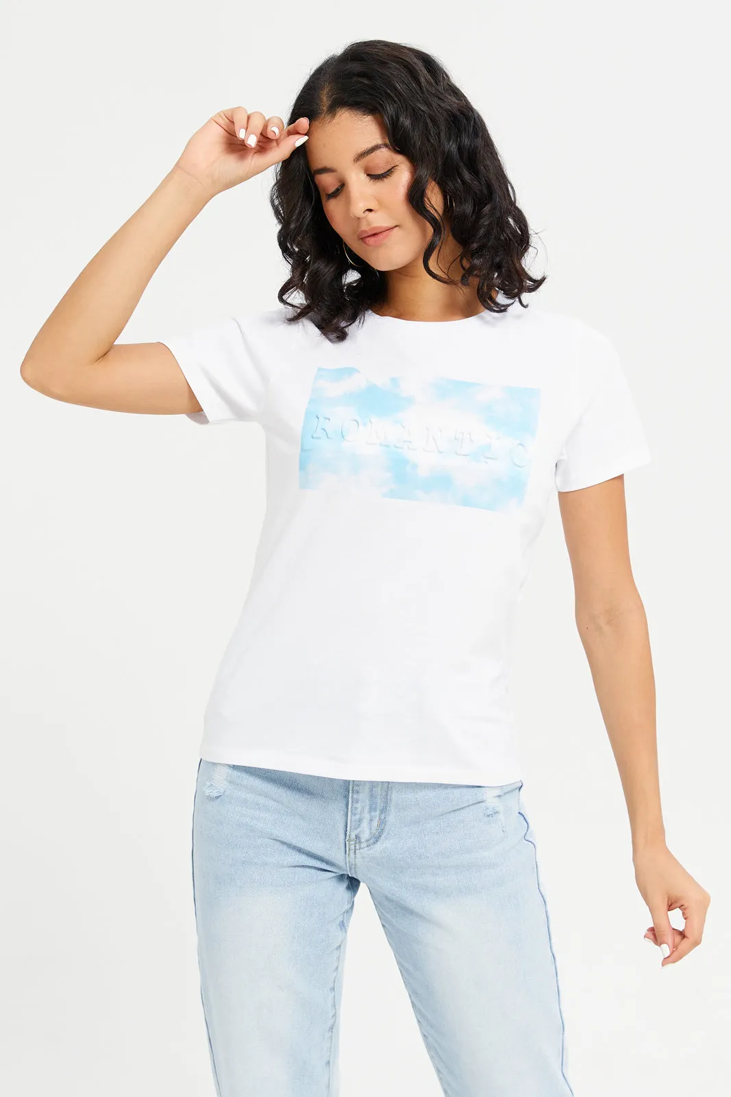 Women White Romantic Embossed T-Shirt