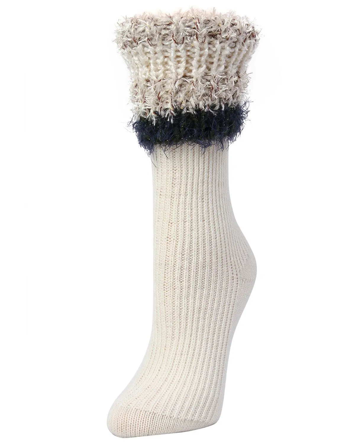 Women's Bellevue Furry Striped Cuff Ribbed Plush Crew Socks