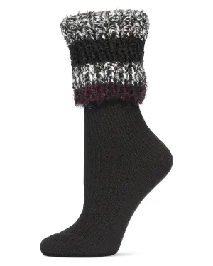 Women's Bellevue Furry Striped Cuff Ribbed Plush Crew Socks