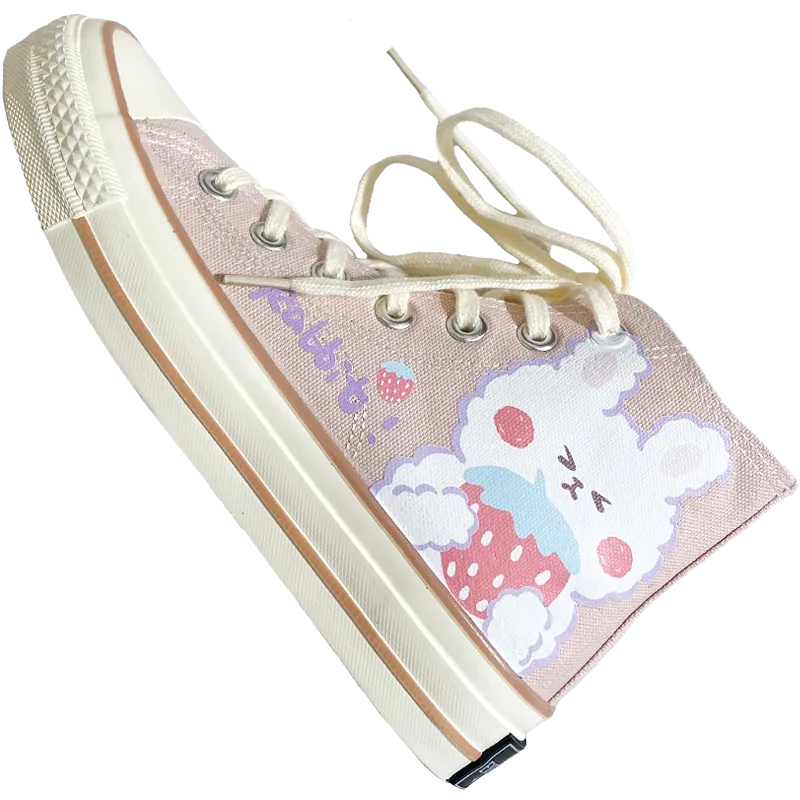 Womens Cute Pink Rabbit Print High Top Canvas Sneakers