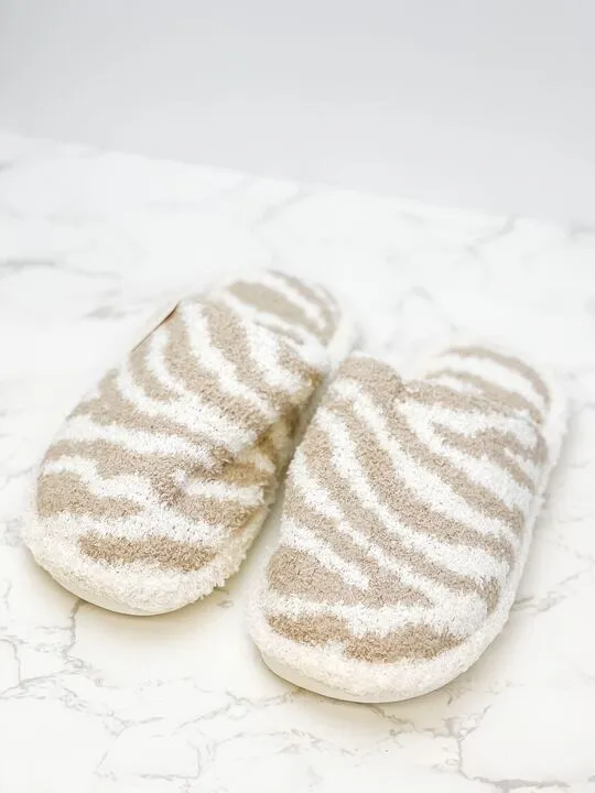 Zebra Fuzzy Slippers - Beige